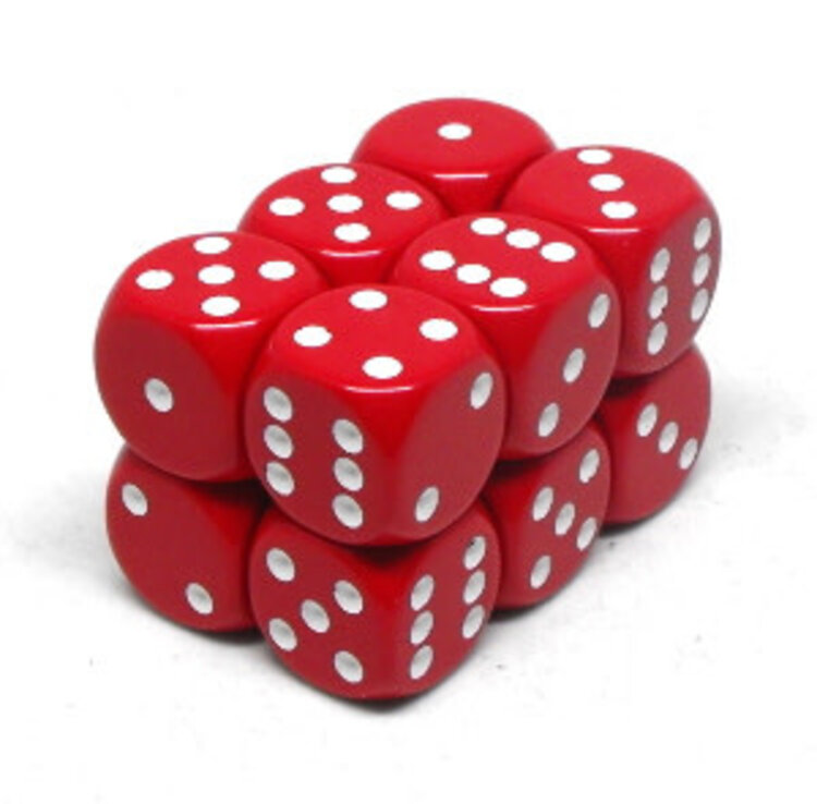 CHX25604 Dés «opaques rouge avec points blancs» D6 16mm / 12 dés
