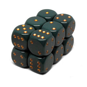 CHX25615 Dés «opaques verts foncé avec points cuivrés» D6 16mm / 12 dés