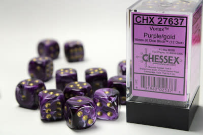 CHX27637 Dés «vortex violet avec points dorés» D6 16mm / 12 dés
