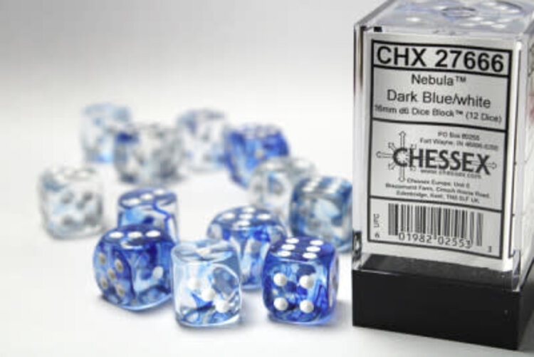 CHX27666 Dés «Nebula bleu foncé avec points blancs» D6 16mm / 12 dés