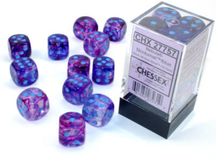 CHX27757 Dés «Nebula Luminary nocturne avec chffres bleus» D6 16mm / 12 dés