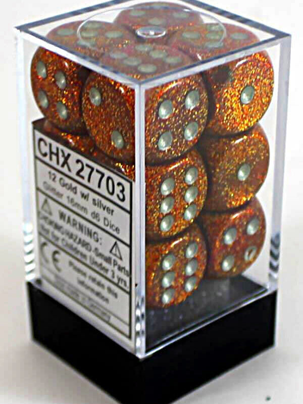 CHX27703 Dés «Glitter pailleté or avec points argent» D6 16mm / 12 dés