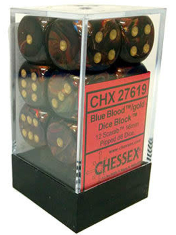 CHX27619 Dés «scarab blue blood avec points dorés» D6 16mm / 12 dés