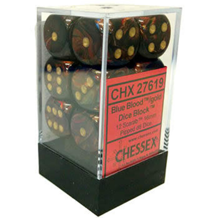 CHX27619 Dés «scarab blue blood avec points dorés» D6 16mm / 12 dés