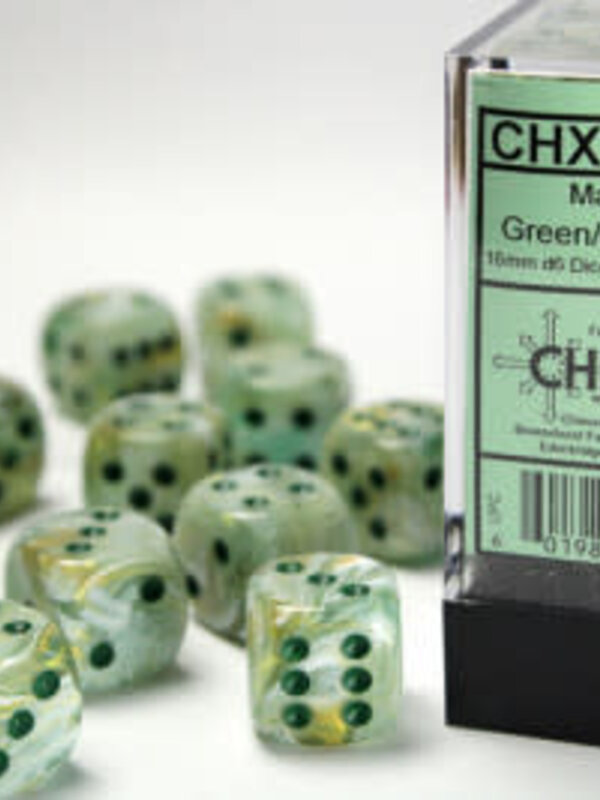 CHX27609 Dés «marbré vert avec points verts» D6 16mm / 12 dés