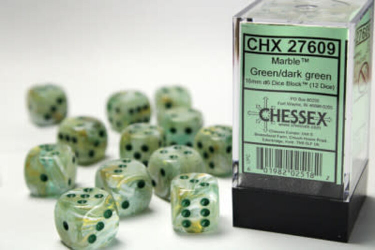 CHX27609 Dés «marbré vert avec points verts» D6 16mm / 12 dés