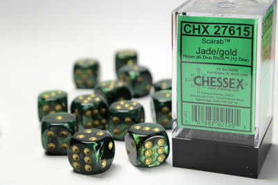 CHX27615 Dés «scarab jade avec points dorés» D6 16mm /12 dés