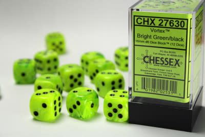 CHX27630 Dés «vortex vert pétant avec points noirs» D6 16mm / 12 dés