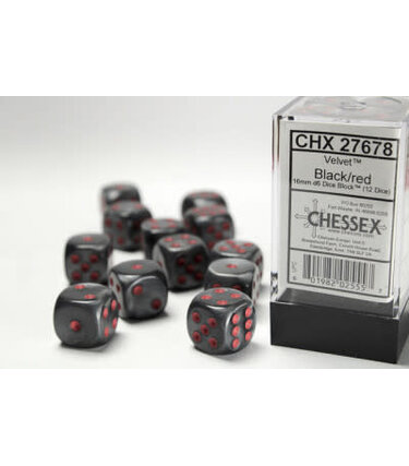CHX27678 Dés «velvet noir avec points rouges» D6 16mm / 12 dés