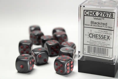 CHX27678 Dés «velvet noir avec points rouges» D6 16mm / 12 dés