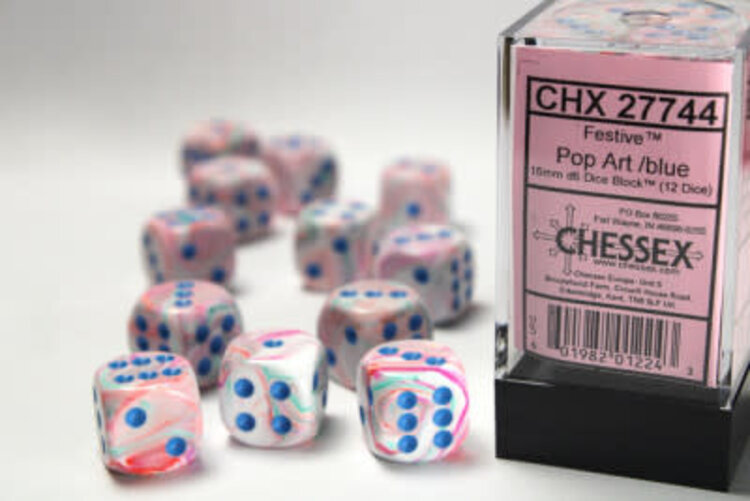 CHX27744 Dés «festive pop art avec points bleus» D6 16mm / 12 dés