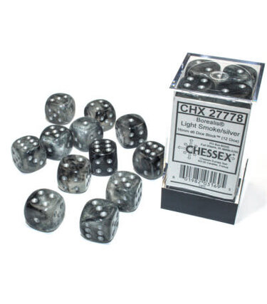 CHX27778 Dés «Borealis Luminary gris fumée avec points argent» D6 16mm / 12 dés