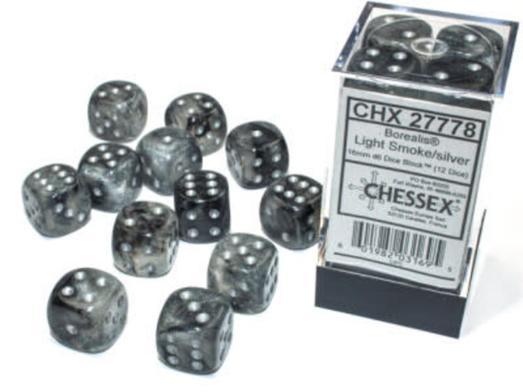 CHX27778 Dés «Borealis Luminary gris fumée avec points argent» D6 16mm / 12 dés