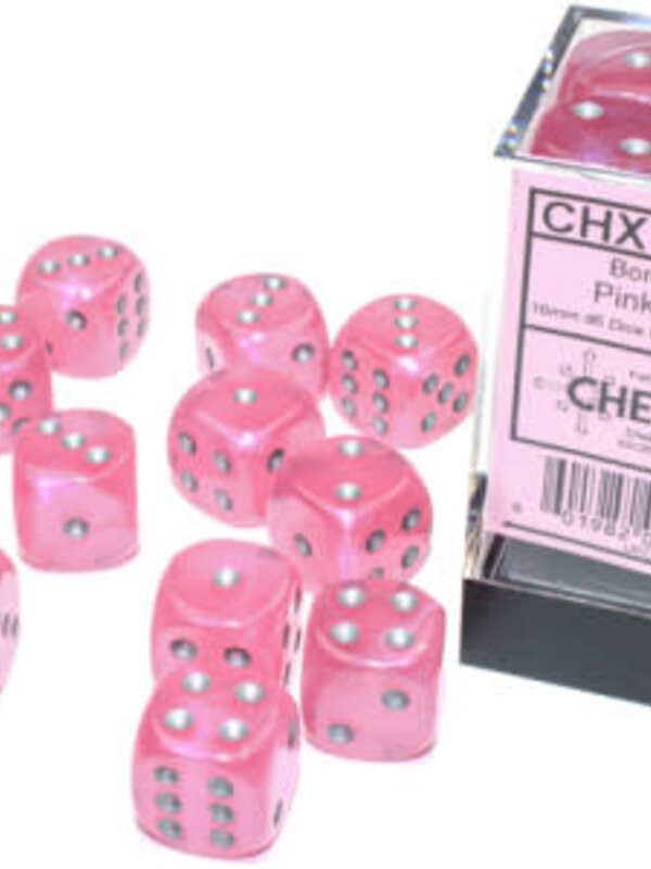 CHX27784 Dés «Borealis Luminary rose avec points argent» D6 16mm / 12 dés