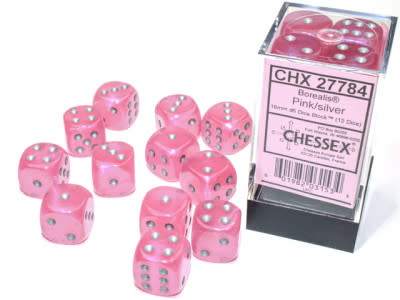 CHX27784 Dés «Borealis Luminary rose avec points argent» D6 16mm / 12 dés