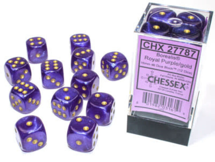 CHX27787 Dés «Borealis Luminary violet royal  avec points dorés» D6 16mm / 12 dés