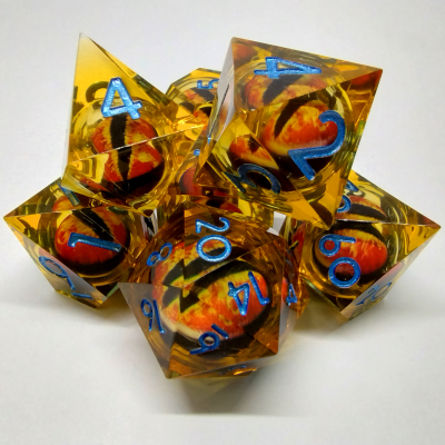 DGLQ21 Kit De Dés  "Liquid Core" Oeil De Dragon: orange avec chiffres bleus