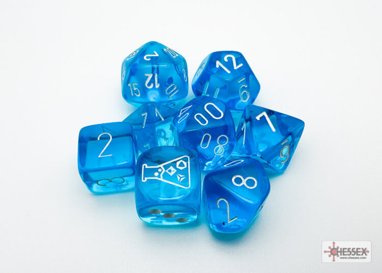 CHX30063 Dés «Translucent Tropical/Blue/White» Polyhedral/ Set 8 dés