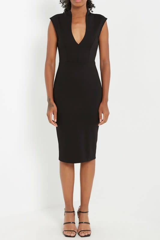 black v neck midi dress