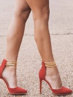 "Red"y for the Runway - Red with Gold Ankle Strap Heels