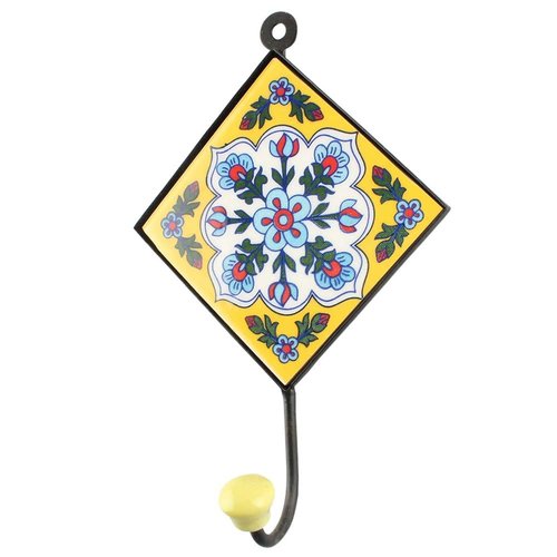 Yellow Ceramic Floral Tile Hook from India Yellow Ceramic Floral Tile Hook from India