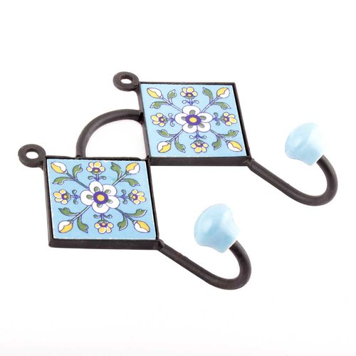 Turquoise Navy Blue Floral Tile Hook from India Turquoise Navy Blue Floral Tile Hook from India