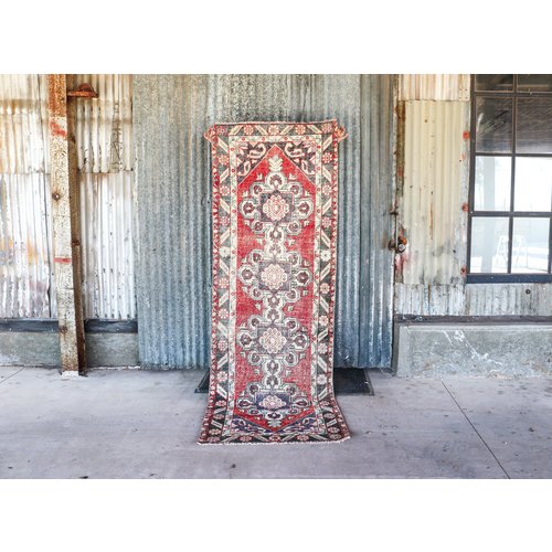 Handmade Vintage Turkish Rug Runner - Red and Blue Handmade Vintage Turkish Rug Runner - Red and Blue