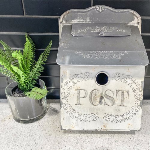 Embossed Tin Post Box Distressed White & Grey Embossed Tin Post Box Distressed White & Grey