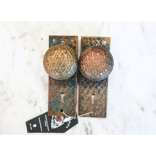 Pair of Intricate Brass Door Knobs with Escutcheons Pair of Intricate Brass Door Knobs with Escutcheons