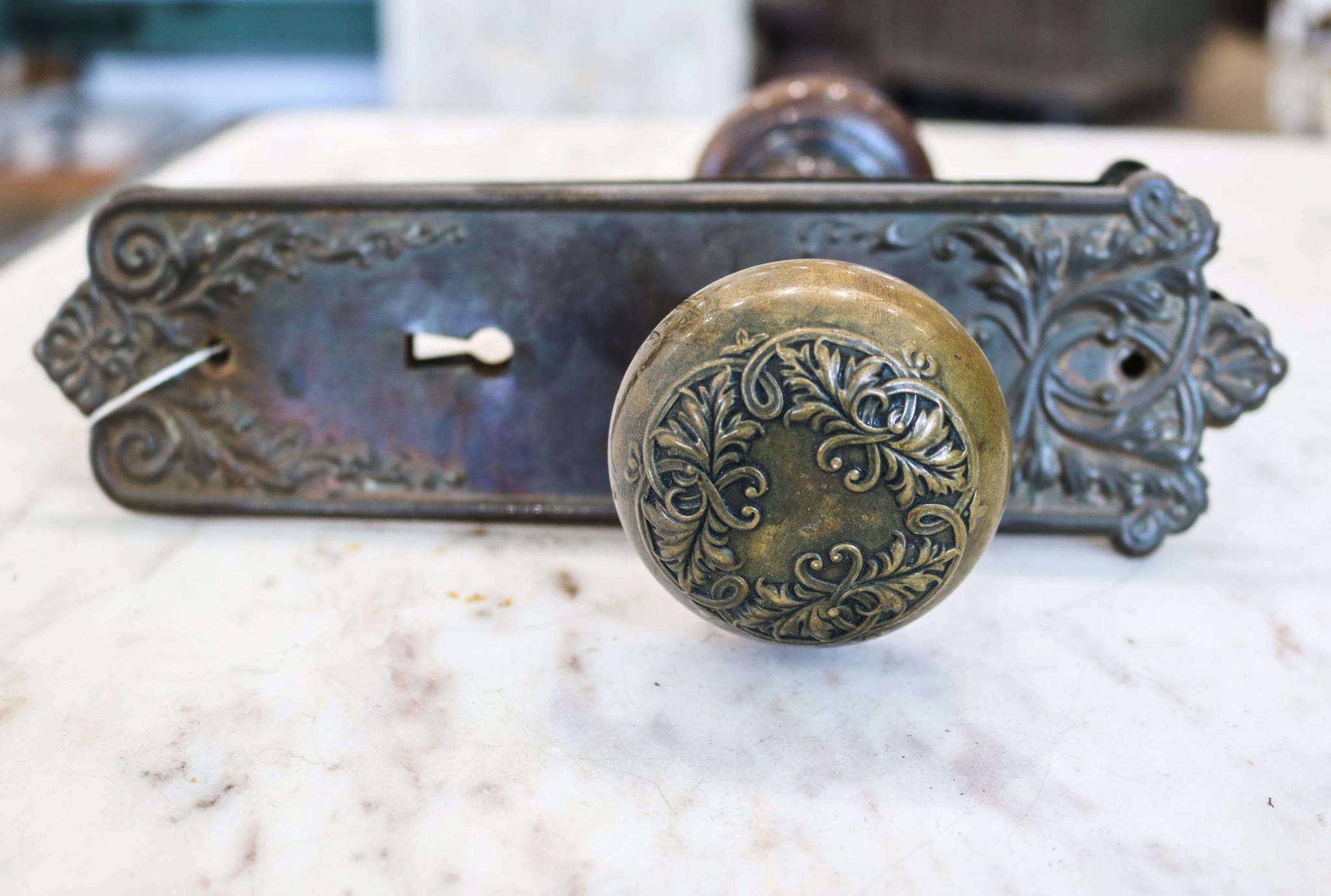 Pair of Brass Art Nouveau Door Knobs with Escutcheons