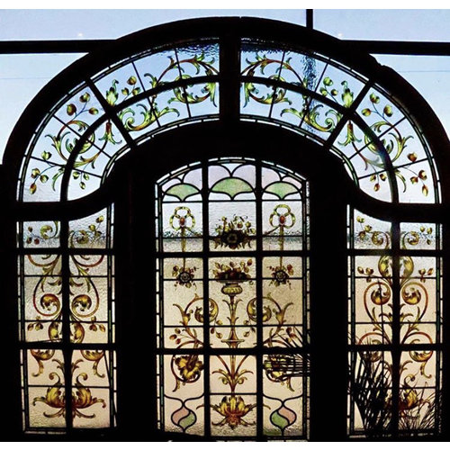 Hand Painted 1800's Old English Arched Stained Glass Door Hand Painted 1800's Old English Arched Stained Glass Door