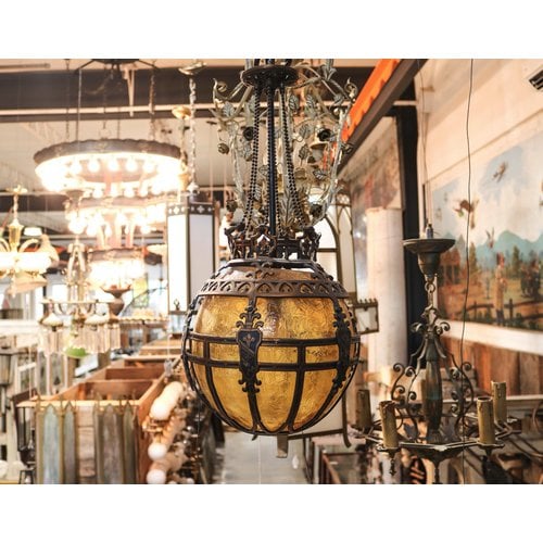Brass Ball Hanging Light with Amber Globe Brass Ball Hanging Light with Amber Globe