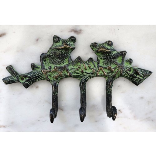 Two Bronze Patina Green Frogs Hook from India Two Bronze Patina Green Frogs Hook from India