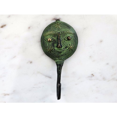 Brass Tribal Face with Patina Wall Hook from India Brass Tribal Face with Patina Wall Hook from India