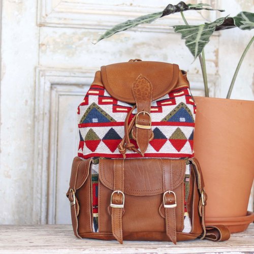 Marshe Geometric Fabric + Tan Leather Marshé Backpack