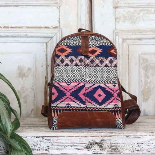 Marshe Pink + Blue Tones Fabric Leather Marshé Backpack Marshe Pink + Blue Tones Fabric Leather Marshé Backpack