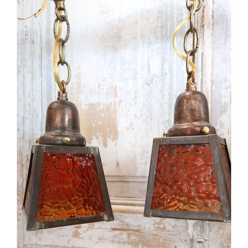 Pair of Pendants with Orange Textured Glass Pair of Pendants with Orange Textured Glass