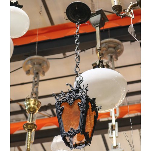 Iron Hanging Light with Amber Textured Stained Glass Iron Hanging Light with Amber Textured Stained Glass