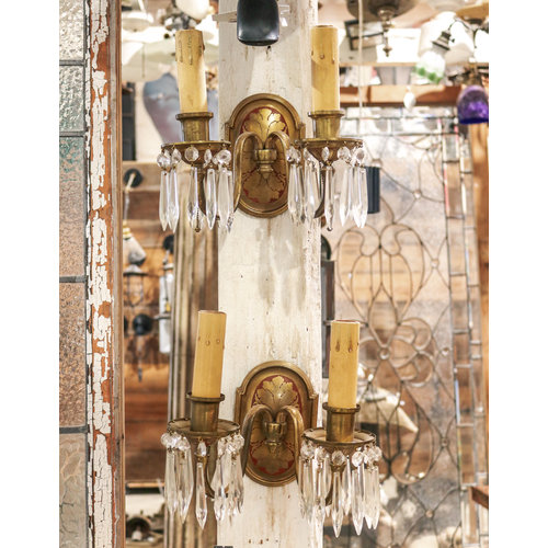 Pair of Brass 2 Bulb Sconce Lights with Crystals