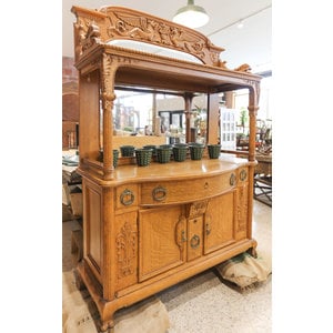 Hand-Carved Ornate Buffet with Beveled Glass Mirror