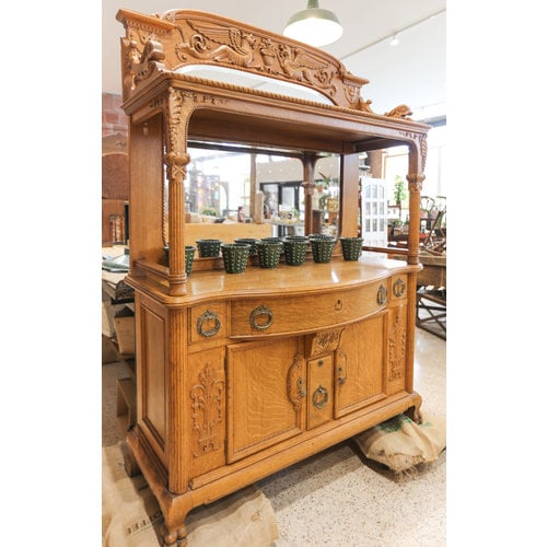 Hand-Carved Ornate Buffet with Beveled Glass Mirror