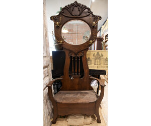 Antique hall tree with bench and mirror sale