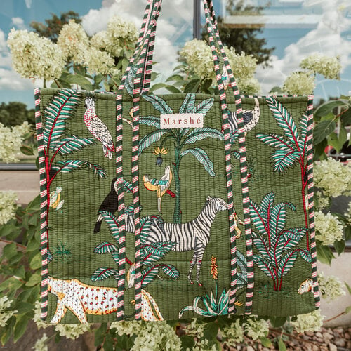 Marshé Handmade Block Print Quilted Tote - Green Jungle