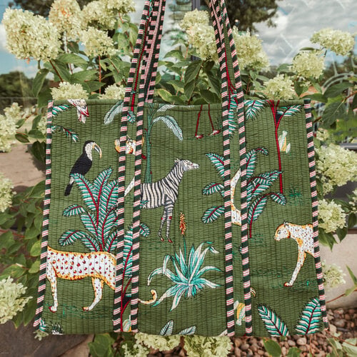 Marshé Handmade Block Print Quilted Tote - Green Jungle