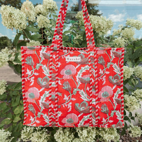 Marshé Handmade Block Print Quilted Tote - Poppy Flowers