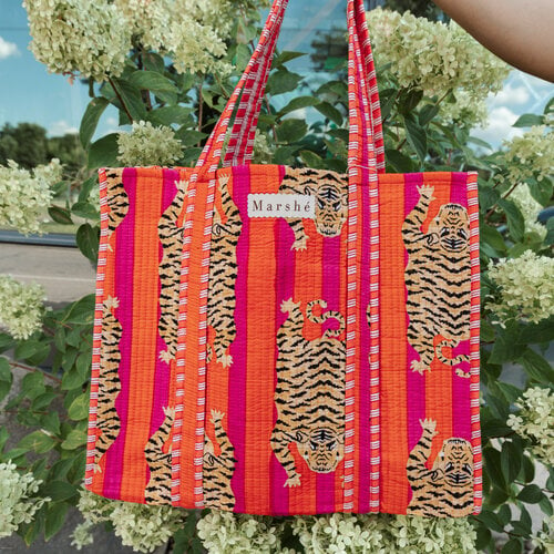 Marshé Handmade Block Print Quilted Tote - Orange Stripped Tiger