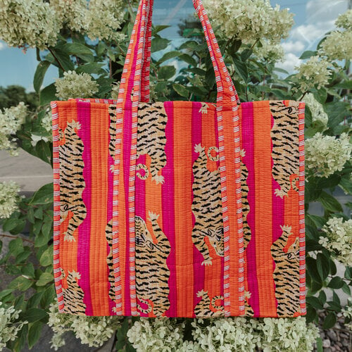 Marshé Handmade Block Print Quilted Tote - Orange Stripped Tiger