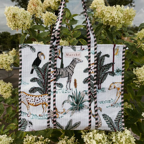 Marshé Handmade Block Print Quilted Tote - White Jungle