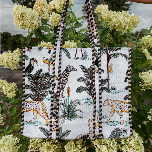 Marshé Handmade Block Print Quilted Tote - White Jungle