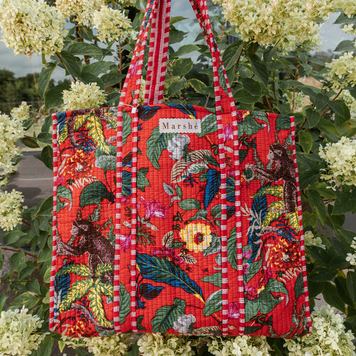 Marshé Handmade Block Print Quilted Tote - Monkeys